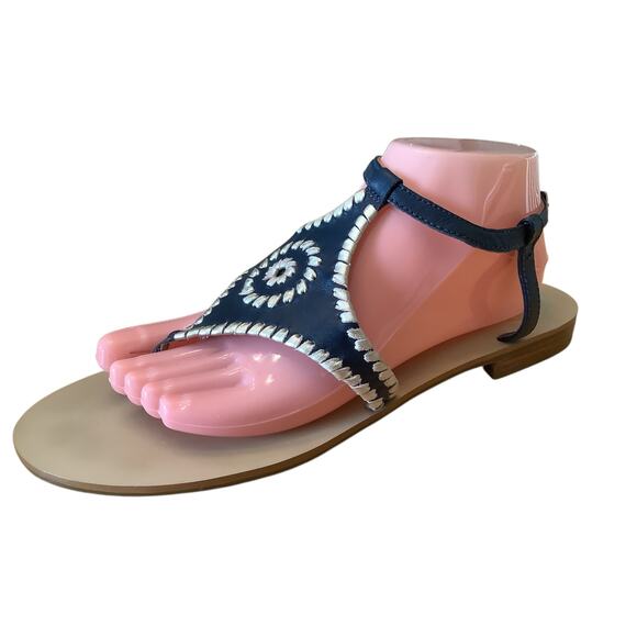 JACK ROGERS “MACI” NAVY BLUE/GOLD WHIPSTICHED SLINGBACK SANDALS 11M - Picture 1 of 11